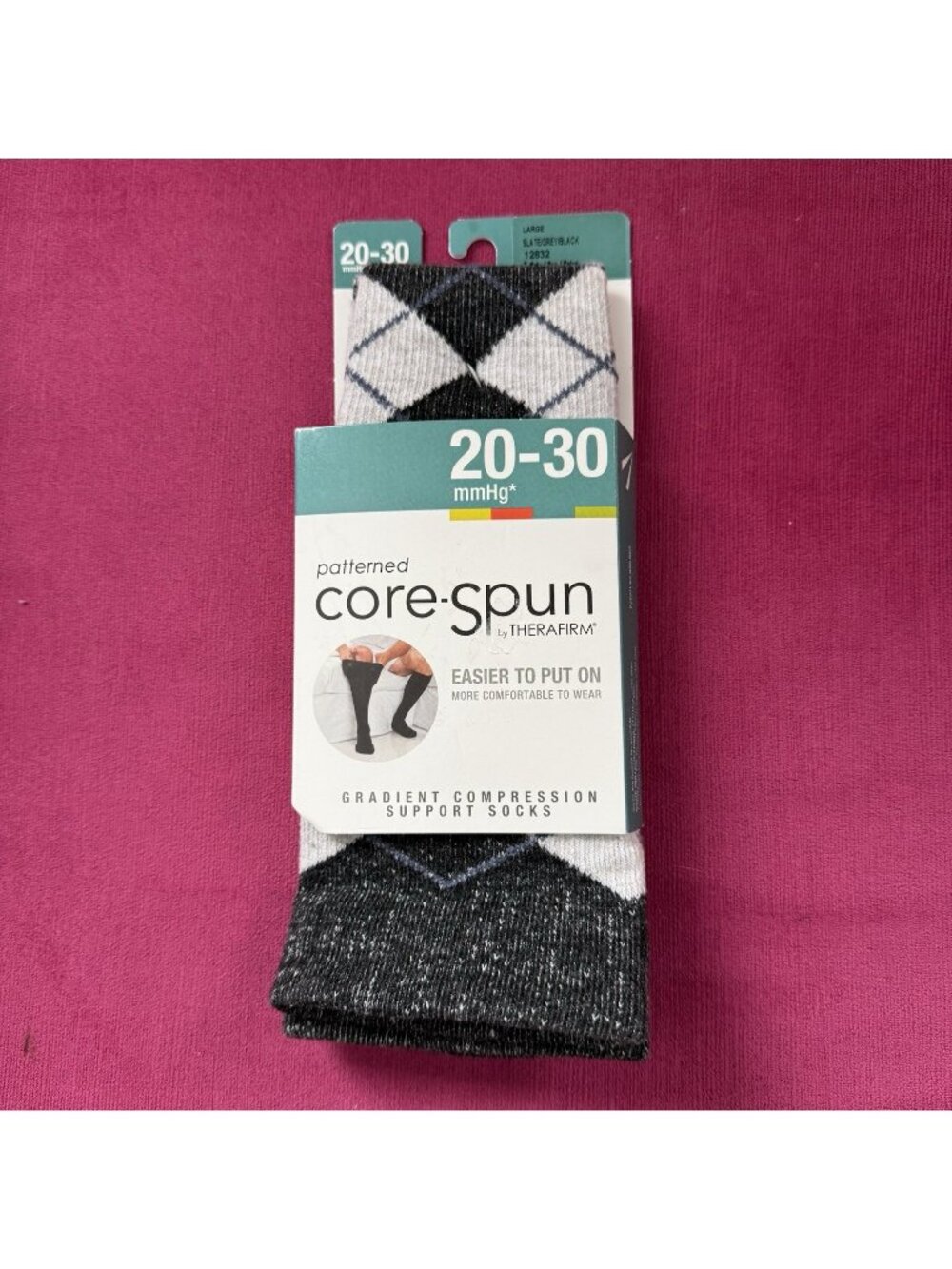NEW Core Spun Thermafirm Gradient Compression Support Socks 20-30mmHg Argyle Lg